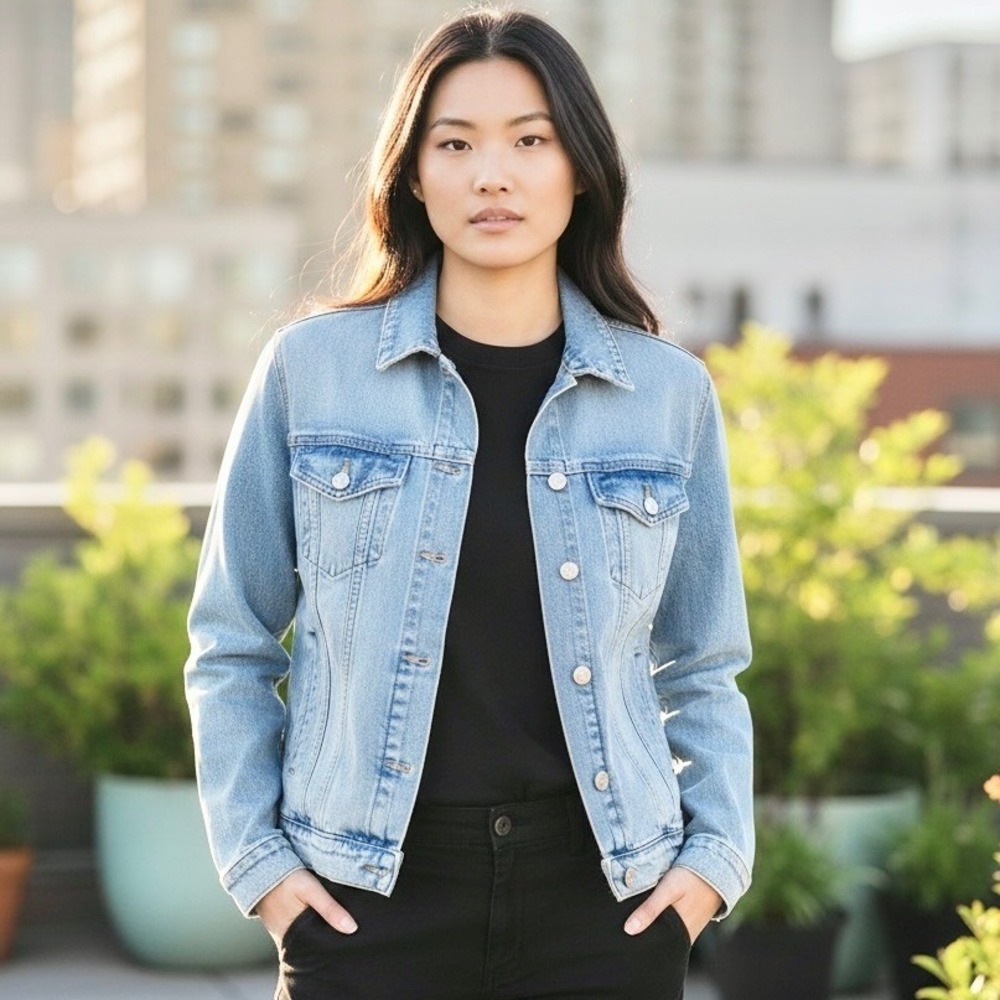Vervet Women Trendy Distressed Boyfriend Blue Denim Trucker Jacket Sz Large NWOT